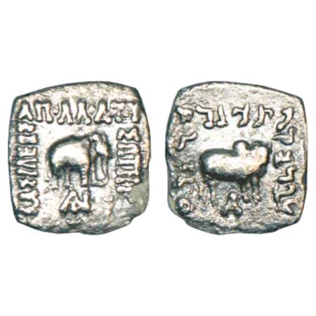 Indo-Greeks, square silver drachm of Apollodotos I (180-160 BC), BN series 4, 2.24g. Obv: 