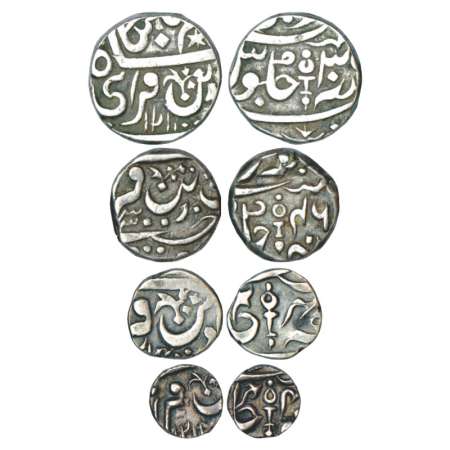 Datia, set of 4 silver coins, Gaja Shahi series, silver rupee, AH 1211/RY 3x, ½ rupee, RY 