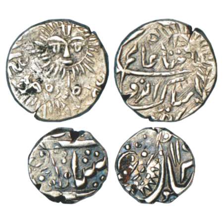Indore, silver ½ rupee, 5.56g, big sun type and ¼ rupee, 2.73g, small sun type, both coins