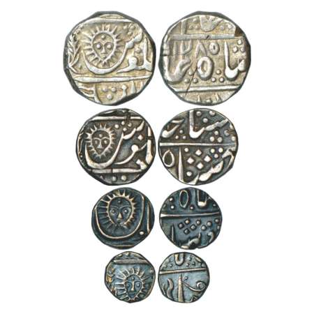Indore, set of 4 silver coins, rupee, ½ rupee, ¼ rupee, 1/8 rupee, Malharnagar mint types,