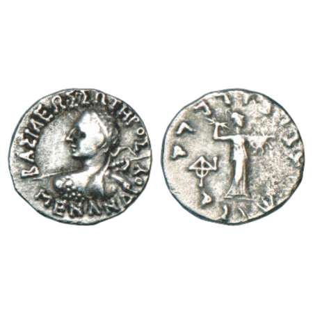 Indo-Greeks, silver drachm of Menander I (155-130 BC), BN series 6, 2.29g. Obv: Diademed b