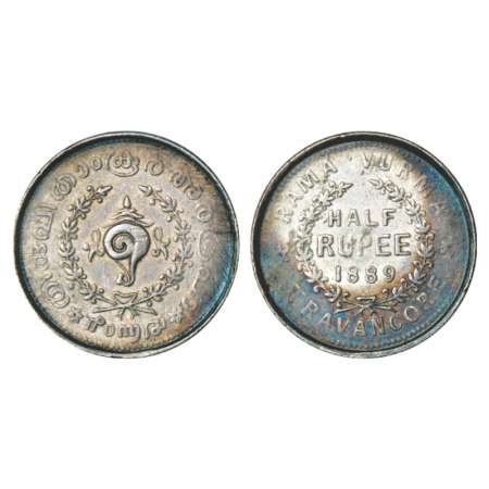 Travancore, Sree Mulam Thirunal Rama Varma (1885-1924 AD), silver ½ rupee, AD 1889. Obv: C