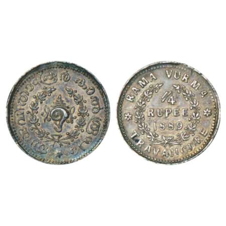 Travancore, Sree Mulam Thirunal Rama Varma (1885-1924 AD), silver ¼ rupee, AD 1889. Obv: C