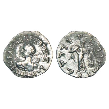 Indo-Greeks, silver drachm of Menander I (155-130 BC), BN series 9, 2.22g. Obv: diademed k