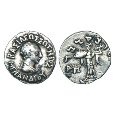 Indo-Greeks, silver drachm of Menander I (155-130 BC), BN series 13, 2.39g. Obv: diademed 