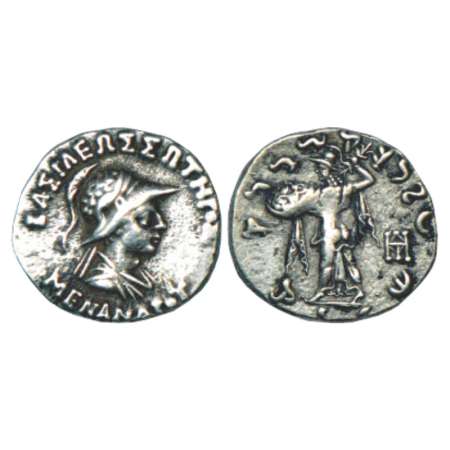 Indo-Greeks, silver drachm of Menander I (155-130 BC), BN series 16, 2.40g. Obv: diademed 