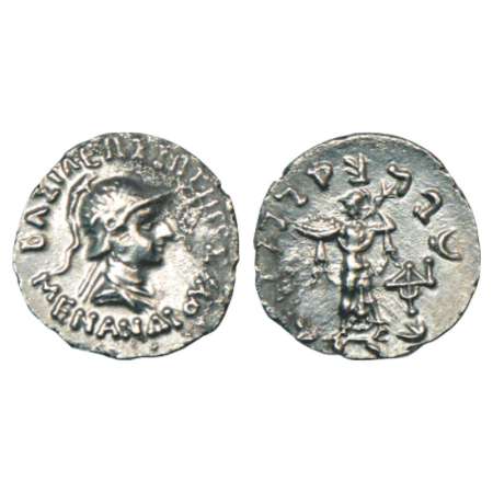 Indo-Greeks, silver drachm of Menander I (155-130 BC), BN series 16, 2.38g. Obv: diademed 