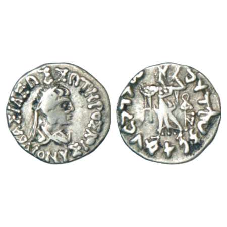 Indo-Greeks, silver drachm of Dionysos (65-55 BC), BN series 1, 2.20g. Obv: Profile bust o
