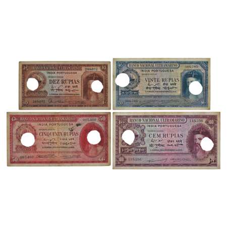 Indo-Portuguese Territories, set of 4 notes, 10 rupias, 20 rupias, 50 rupias and 100 rupia