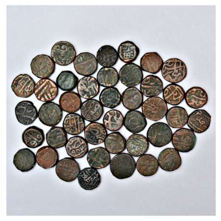 A group of 44 Mughal copper coins, includes Akbar, Jahangir etc, various mint and types. (
