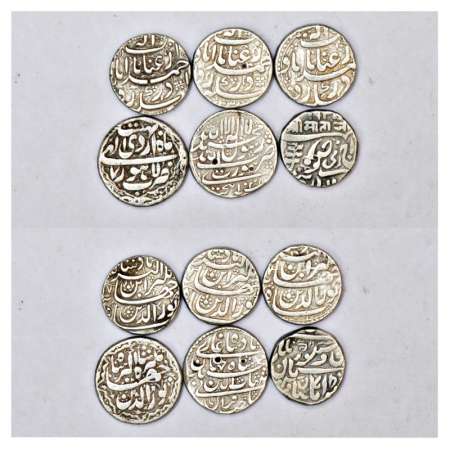 A group of 6 Mughal & State silver rupee coins, 4x Jahangir, 1x Shah Jahan and 1x Jodhpur,