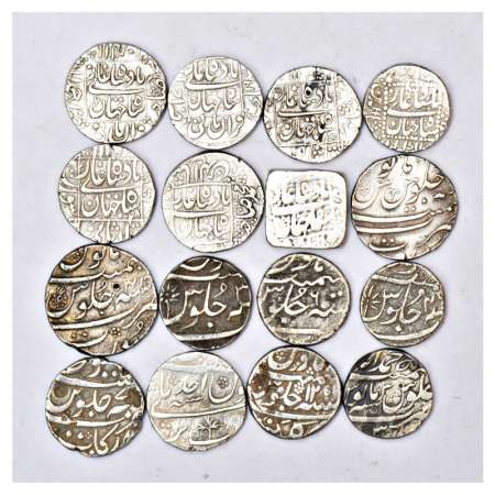 A group of 16 Mughal silver rupee, 5x Shah Jahan & 1x Alamgir II, includes Ahmadabad, Bare