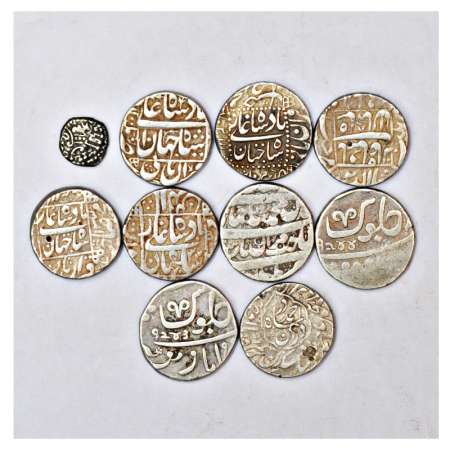 A group of 10 silver coins, includes 6x Mughal, 2x presidency, 1x Foreign and 1x Gupta, va