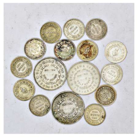 A group of 16 Travancore silver coins, includes 3x Chitra ½ rupee and 13x Fanam, dates 111