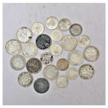 A group of 24 silver coins, includes 1x Portuguese India 1/8 rupee, British India 13x ¼ ru