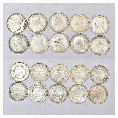 British India 10 silver ½ rupee, includes dates, 1x 1840, 1x 1888, 1x 1889, 2x 1892, 2x 18