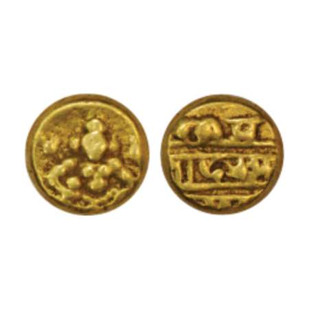 Vijayanagar, Krishna Devaraya, gold ½ pagoda, 1.72g. Obv: Balkrishna seated. Rev: Deva Nag