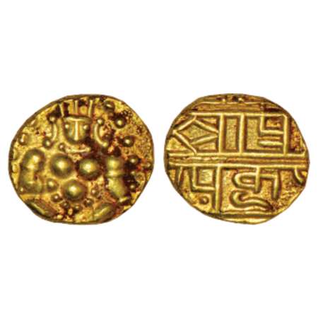 Nayakas of Chitradurga, gold pagoda, 3.35g. Obv: Bal Gopal seated facing. Rev: Nagari lege