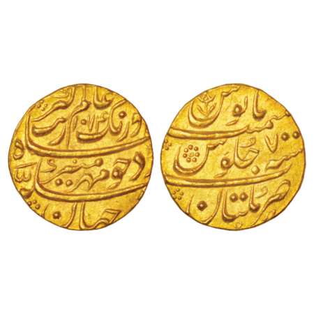 Aurangzeb (1658-1707 AD), gold mohur, 10.95g, Multan mint (fully visible), AH 1074/RY 7, K