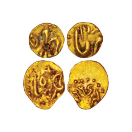 Karpa mint, gold fanam (2), 0.19g, 1x Muhammad Shah, AH 114x and 1x Ahmad Shah, AH (11)66.