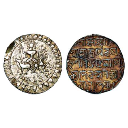 Tripura, Vijaya Manikya (1532-1564 AD), silver tanka, SE 1482, 10.28g. Obv: Figure of Ardh