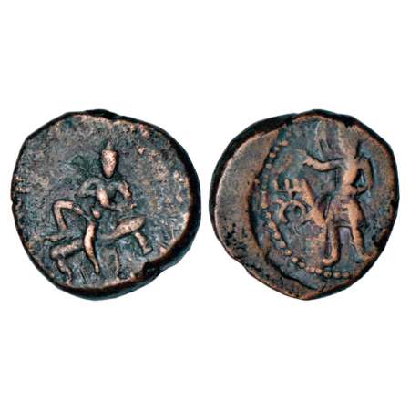 Kushans, copper tetradrachm of Huvishka (150-191 AD), MAC 3234-35, 15.97g. Obv: king recli