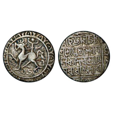 Tripura, Amara Manikya (1577-1586 AD), silver tanka, SK 1503. Obv: Lion facing left, date 