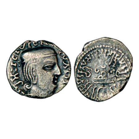 Western Kshatrapas, Karddamaka dynasty, silver drachm of Rudrasena I as Mahakshatrapa (199
