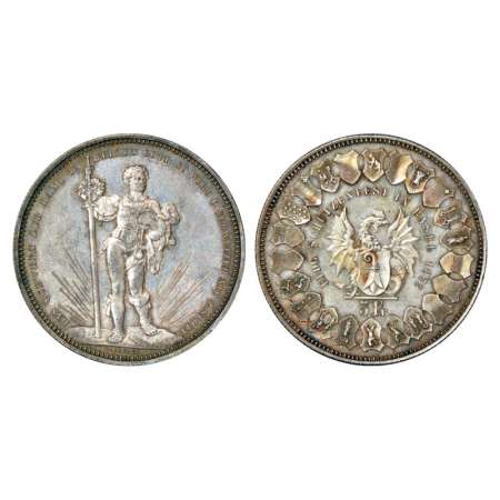 Switzerland, silver 5 francs, 25g. 1879, Basel shooting festival, KM X S14. Extremely fine