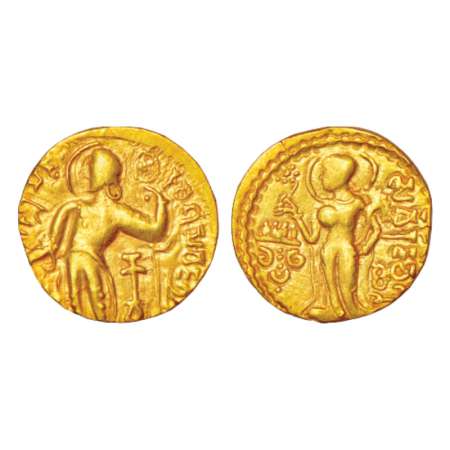 Gupta Empire, gold dinar of Samudra Gupta (350-375 AD), 'Kacha' type, Altekar var. A, 7.59