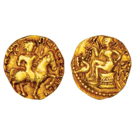 Gupta Empire, gold dinar of Kumar Gupta I (415-455 AD), 'Horseman' type, Altekar class II.
