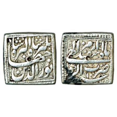 Jahangir (1605-1625 AD), silver square rupee, Agra mint, Isfandarmuz, AH 1025/RY 10, decor