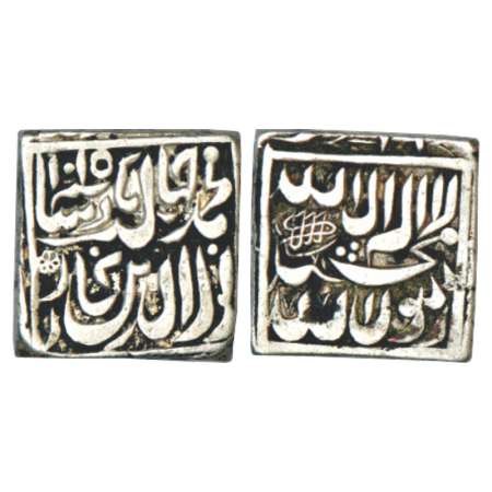 Jahangir (1605-1627 AD), silver square rupee, Bang mint (mint-name off flan, but stylistic
