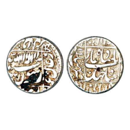 Shah Jahan (1628-1658 AD), silver rupee, Bhilsa mint in left quadrant, RY 19, black adhesi