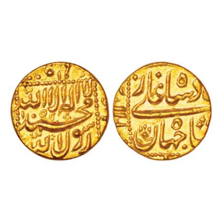 Shah Jahan (1628-1658 AD), gold mohur, 10.96g, Burhanpur mint (by style), AH 1055, KM 260.
