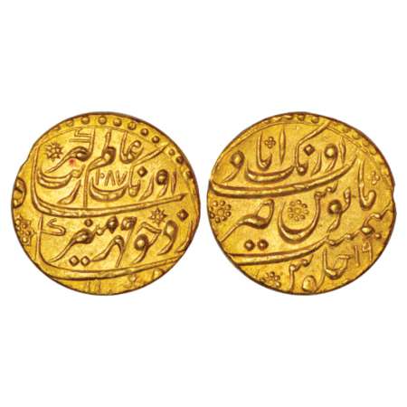 Aurangzeb (1658-1707 AD), gold mohur, 10.96g, Aurangabad mint at top, AH 1087/RY 19, KM 31