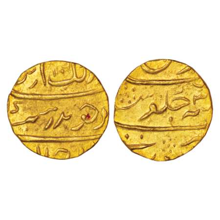 Aurangzeb (1658-1707 AD), gold mohur, 11.15g, Surat mint, AH 1106/RY 3x, crude calligraphy