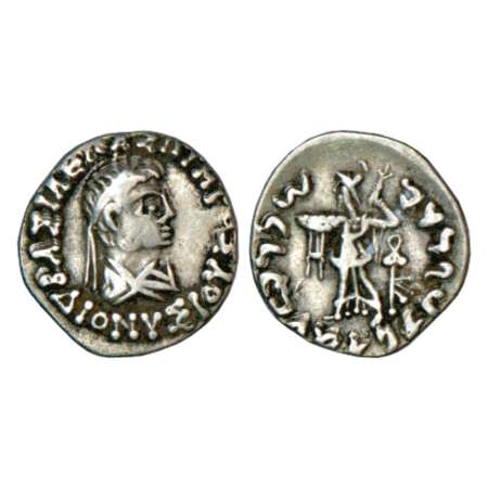 Indo-Greeks, silver drachm of Dionysos (65-55 BC), BN series 1, 2.29g. Obv: Profile bust o