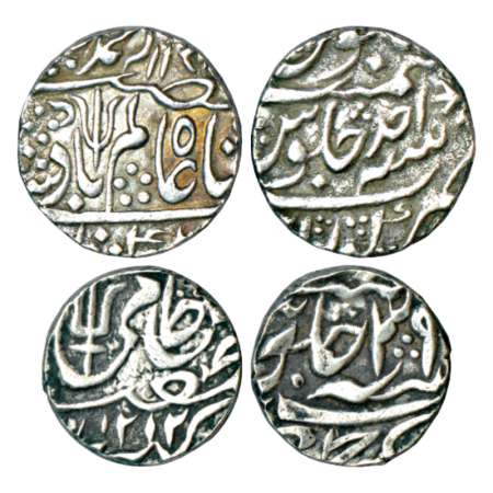 Maratha Confederacy, silver rupee (2), 1x Kora mint, RY Ahd and Srinagar mint, AH 1212/RY 
