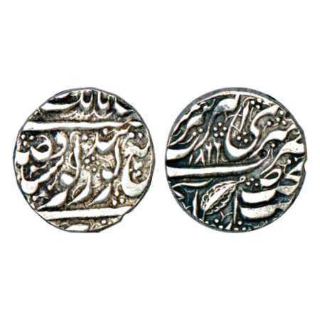 Sikh Empire, silver rupee, Amritsar mint, 'Nanak Shahi' couplet, VS 1866, Su'ad above Takh