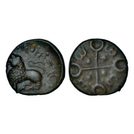 Satavahanas, alloyed copper coin of Siri Satakani (c.50BC), Junnar 'lion' type, 3.43g. Obv