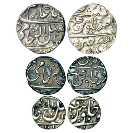 Gwalior, silver set of 3 coins, rupee, AH 1201/RY 30, ½ rupee, RY 35 and ¼ rupee, AH 12xx/