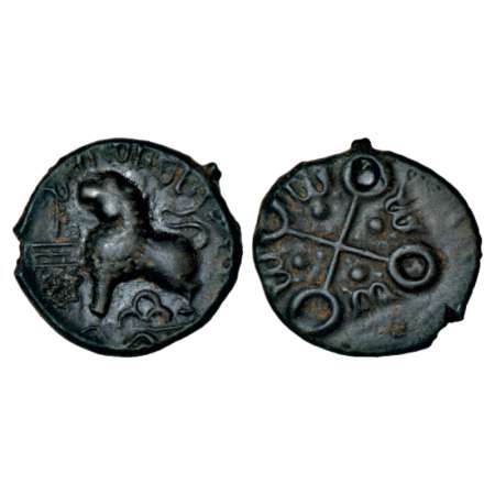 Satavahanas, alloyed copper coin of Siri Satakani (c.50BC), Junnar 'lion' type, 5.55g. Obv