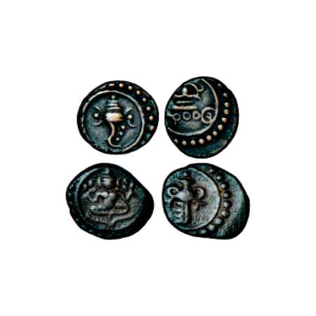 Travancore, Rama Varma (1829-1846 AD), copper cash (2), 0.57g each. (A) Obv: Conch to righ