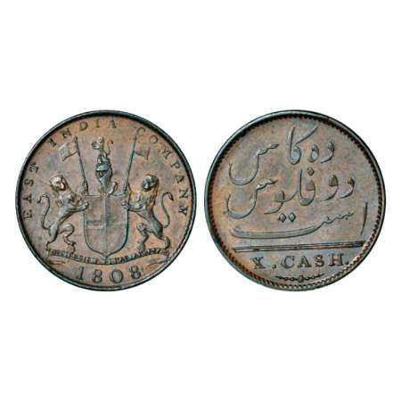 Madras Presidency, copper 10 cash, 4.70g, Soho mint, AD 1808. Obv: East India Company coat