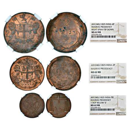 Madras Presidency, copper coins (3), AD 1825. 1x pie, 1x 2 pice and 1x 4 pice. Obv: East I