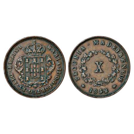 Portugal, Maria II, Copper 10 Reis, 12.39g, 1852. Obv: Crowned ornate arms. Rev: Value wit