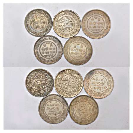 A group of 5 Kutch silver 5 Kori, includes VS 1937, 1939, 1989, 1993 and 1999. (5 coins)