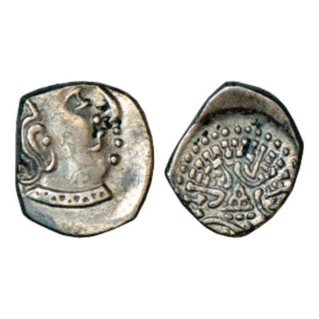 Traikutakas, silver drachm of Dahrasena (c. 300-350AD), MAC5080, 2.12g. Obv: Bust of king 