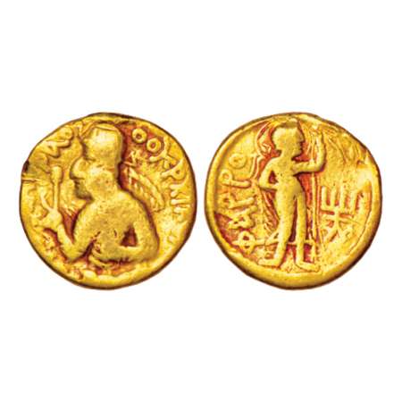 Kushan Empire, gold dinar of Huvishka (c.155-190 AD), Goebl 141, 7.40g. Obv: helmeted bust